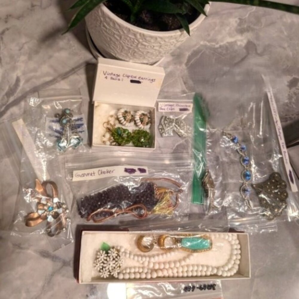 Vintage Lot White Floral Necklace, Earrings, Garnet Choker, Blue Butterfly Wing